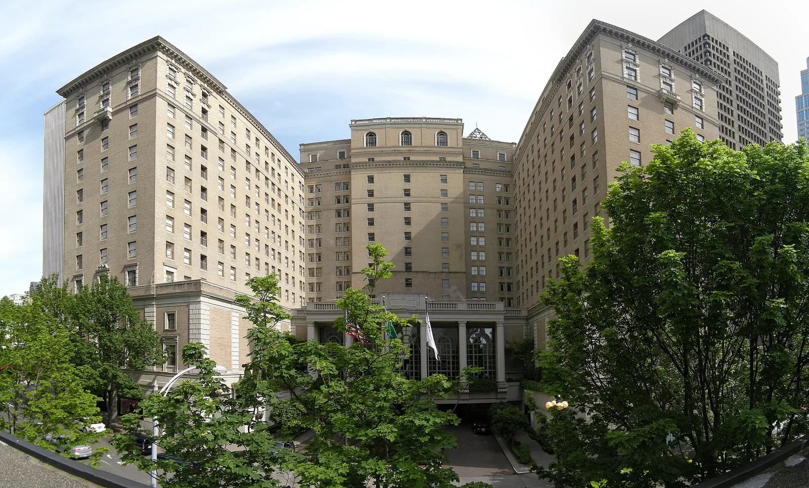 The Fairmont Olympic Hotel's historic towers and entry court on University Street