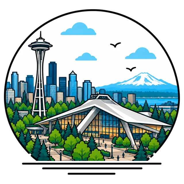 Illustration of Climate Pledge Arena's sweeping roof next to the Space Needle at Seattle Center
