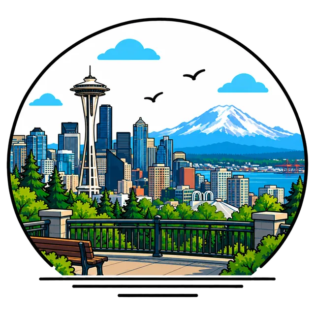 Illustration of the view from Kerry Park over the Space Needle and downtown Seattle to Mount Rainier