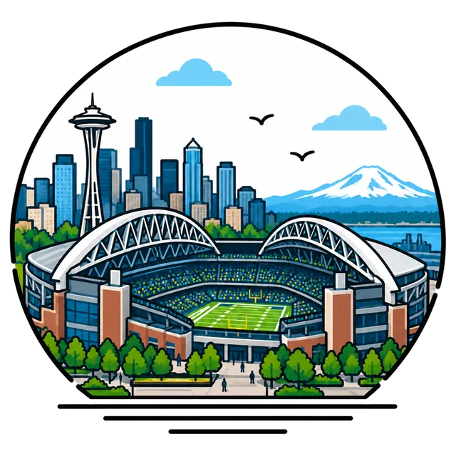 Illustration of Lumen Field's arched roof with a football game on the field and the downtown skyline