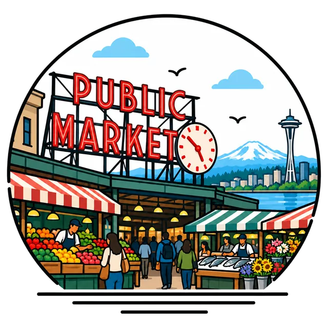 Illustration of Pike Place Market with its big Public Market sign above fruit, fish and flower stalls