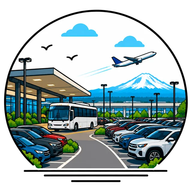 Illustration of an airport rental car lot with rows of cars and a shuttle bus pulling in