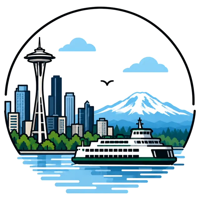 Illustration of the Seattle skyline and Space Needle with a ferry on Elliott Bay and Mount Rainier