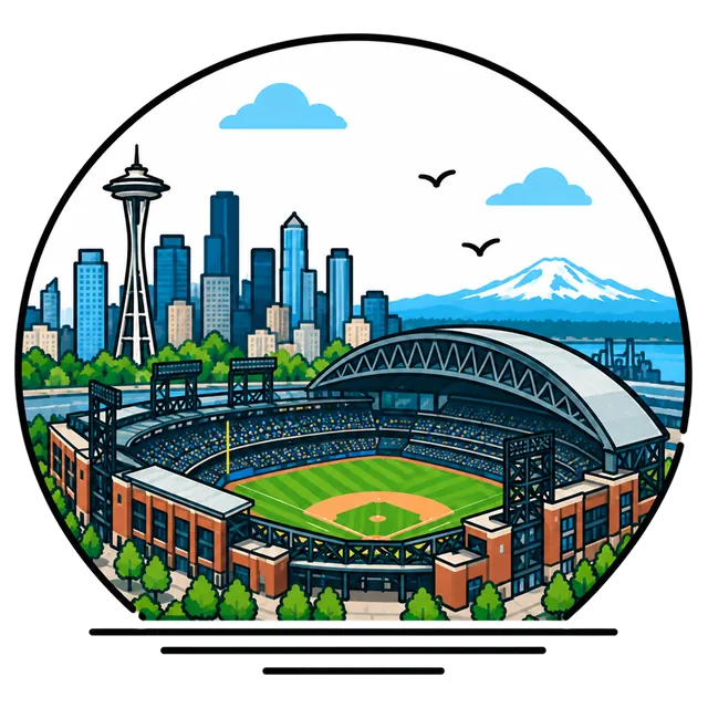 Illustration of T-Mobile Park with its roof open over the baseball diamond and the downtown skyline